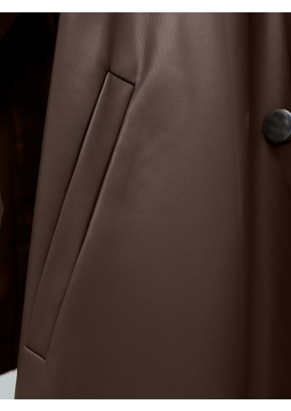 Kemerli Yan Cepli Deri Trenckot -Kahve fırsatları