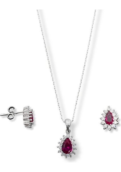 Minimal Beyaz Işıltı Çevrili Yakut Taşlı Damla Kadın Kolye Küpe Gümüş Set