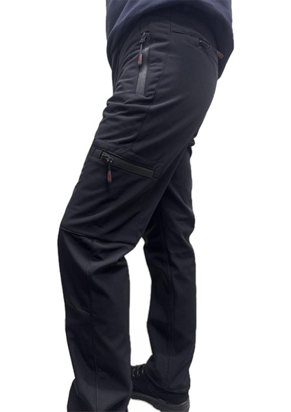 Kışlık Polarlı Softshell Su Geçirmez Cepli Siyah Pantolon