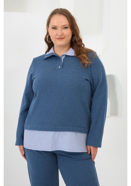 Gömlek Görünümlü Büyük Beden Sweat Mavi