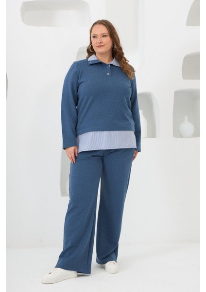 Gömlek Görünümlü Büyük Beden Sweat Mavi