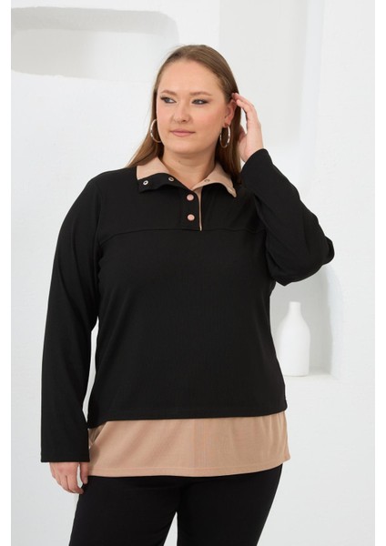 Yaka Detaylı Büyük Beden Sweat Siyah