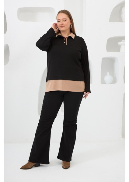 Yaka Detaylı Büyük Beden Sweat Siyah indirimleri