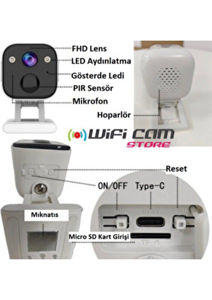 PIR Sensörlü Şarjlı Wifi Küp Kamera HD Gece Görüşü Özelliği ile Uzun Süreli Kullanım