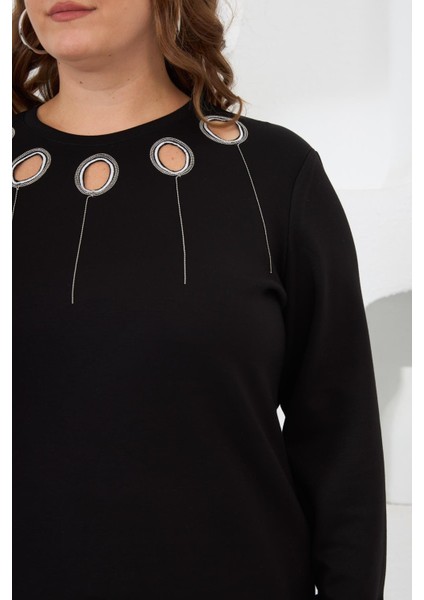 Yaka Detaylı Kol ve Eteği Büzgülü Büyük Beden Sweat Siyah modelleri