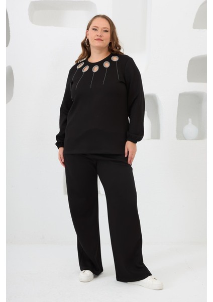 Yaka Detaylı Kol ve Eteği Büzgülü Büyük Beden Sweat Siyah indirimleri