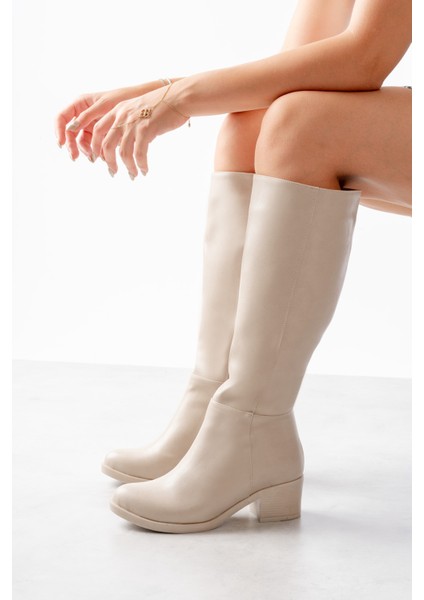 Lorida Bej Deri Topuklu (5 Cm) Yanı Fermuarlı Günlük Kullanım Çizme