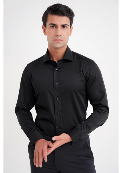 Slim Fit %100 Pamuk Non Iron Kumaş Klasik Siyah Gömlek Gk 734 modelleri