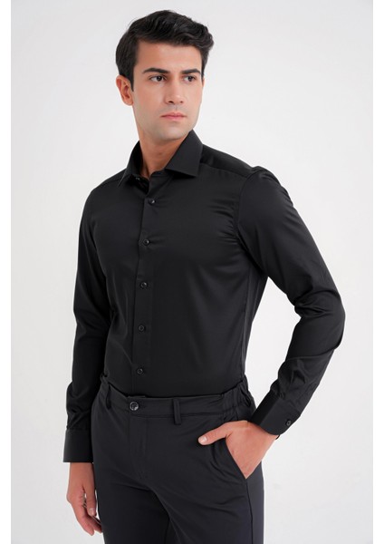 Slim Fit %100 Pamuk Non Iron Kumaş Klasik Siyah Gömlek Gk 734 fırsatları