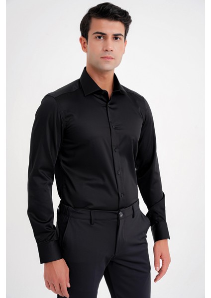 Slim Fit %100 Pamuk Non Iron Kumaş Klasik Siyah Gömlek Gk 734 indirimleri
