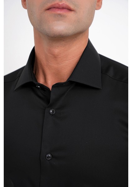 Slim Fit %100 Pamuk Non Iron Kumaş Klasik Siyah Gömlek Gk 734