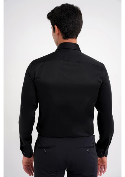 Slim Fit %100 Pamuk Non Iron Kumaş Klasik Siyah Gömlek Gk 734