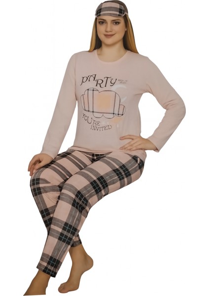 Kadın Pamuklu Desenli Uzun Kol Pijama Takımı (Göz Bandı Hediyeli)