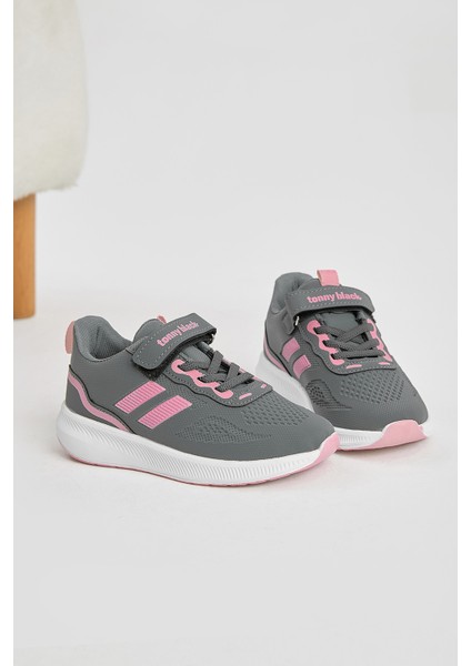 Çocuk Unisex Füme Pembe Eva Taban Yanı Şeritli File Detaylı Cırtlı Spor Ayakkabı