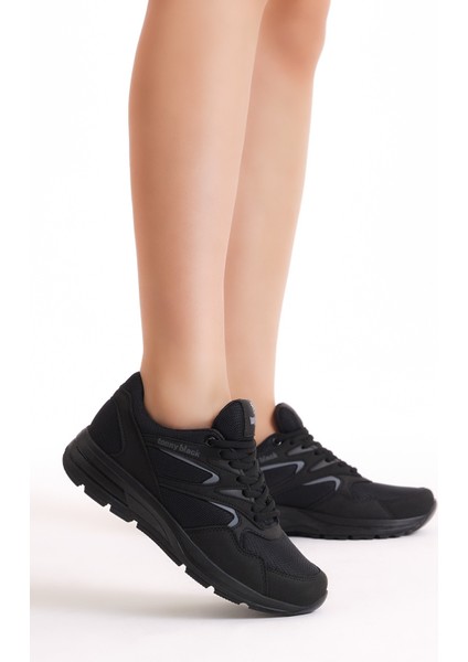 Unisex Siyah Poli Taban Nefes Alabilen Kumaş Bağcıklı Spor Ayakkabı