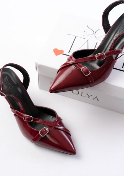 Pony Bordo Rugan ( 8 cm Topuklu ) Sivri Burun Kapalı Tokalı Arkası Açık Stiletto Ayakkabı