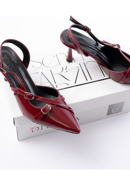Pony Bordo Rugan ( 8 cm Topuklu ) Sivri Burun Kapalı Tokalı Arkası Açık Stiletto Ayakkabı fırsatları