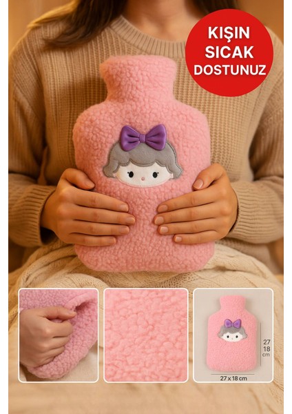 Pembe Peluş Sıcak Su Torbası – Yumuşak, Güvenli ve Şık Saçlı Kız Model, 1 Litre