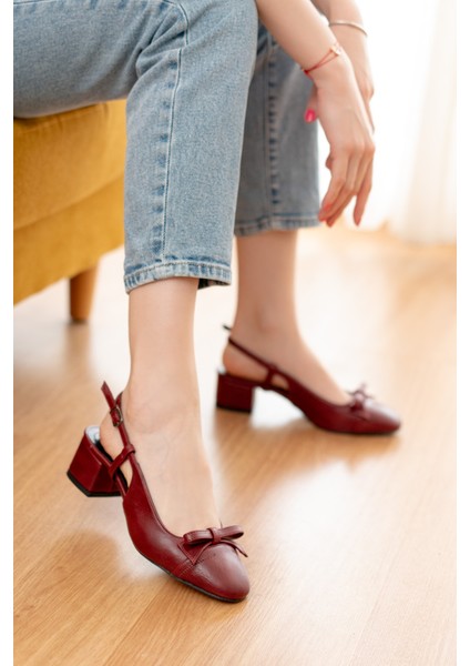 Livay Bordo Fiyonklu (4 Cm) Yuvarlak Burunlu Günlük Kullanım Topuklu Ayakkabı