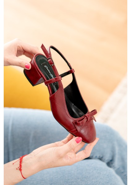 Livay Bordo Fiyonklu (4 Cm) Yuvarlak Burunlu Günlük Kullanım Topuklu Ayakkabı modelleri