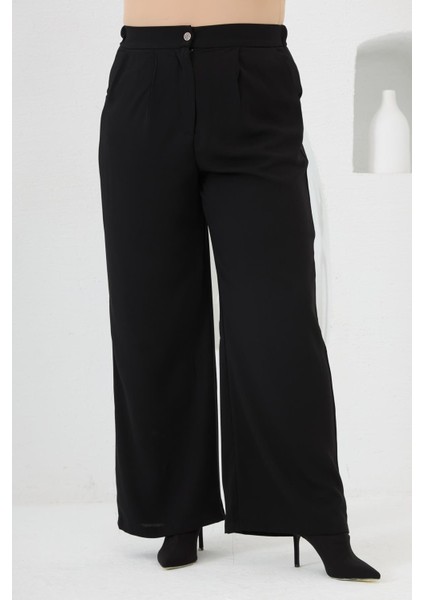 Beli Lastikli Geniş Paça Büyük Beden Pantolon Siyah