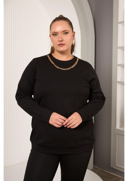 Yaka Zincir Detaylı Büyük Beden Sweatshirt Siyah