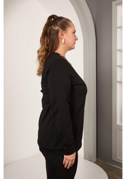 Yaka Zincir Detaylı Büyük Beden Sweatshirt Siyah modelleri