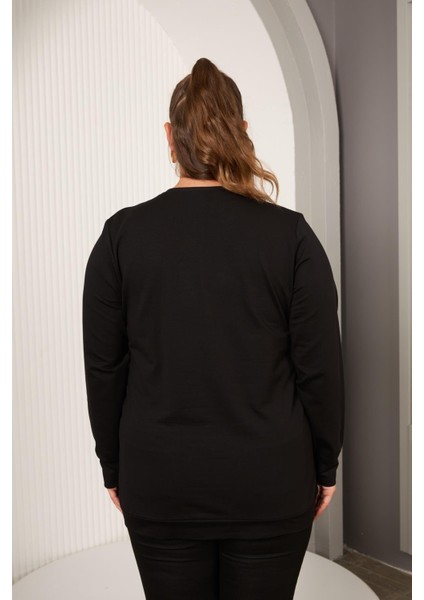 Yaka Zincir Detaylı Büyük Beden Sweatshirt Siyah fırsatları