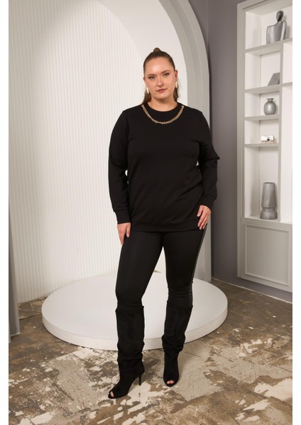 Yaka Zincir Detaylı Büyük Beden Sweatshirt Siyah indirimleri