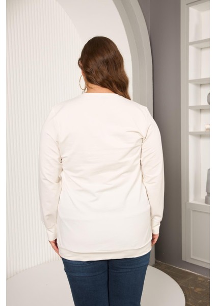 Yaka Zincir Detaylı Büyük Beden Sweatshirt Ekru indirimleri