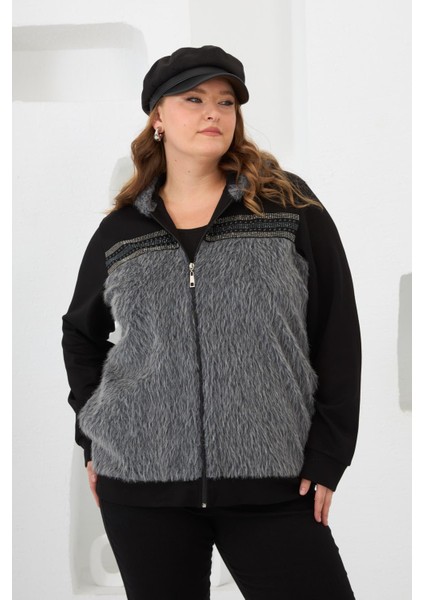 Kaşe Garnili Taşlı Büyük Beden Eşofman Üstü Siyah modelleri