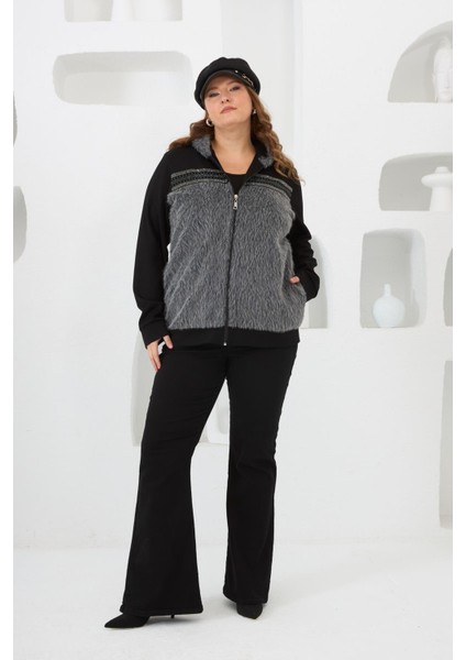 Kaşe Garnili Taşlı Büyük Beden Eşofman Üstü Siyah fırsatları