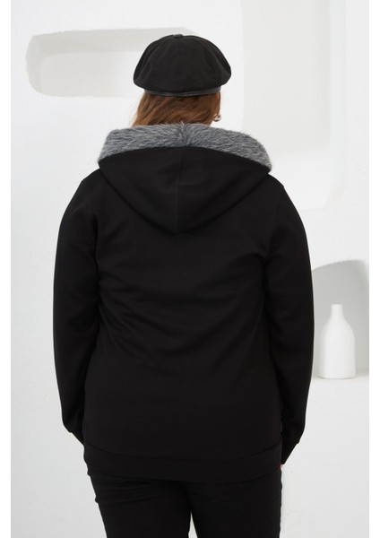 Kaşe Garnili Taşlı Büyük Beden Eşofman Üstü Siyah indirimleri