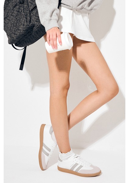 Unisex Gri Beyaz Termo Taban Yanı Şeritli Bağcıklı Spor Ayakkabı