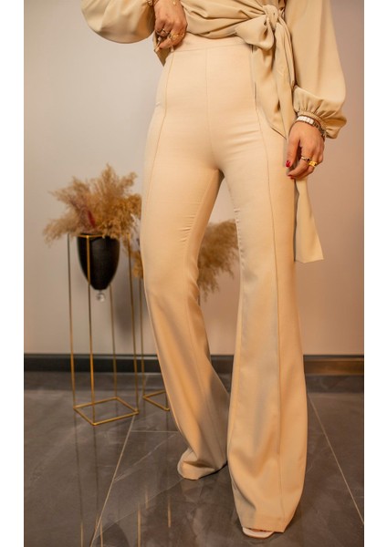 Yüksek Bel Önden Dikiş Detaylı Ispanyol Paça Pantolon Taş fiyatları