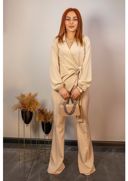 Yüksek Bel Önden Dikiş Detaylı Ispanyol Paça Pantolon Taş fırsatları