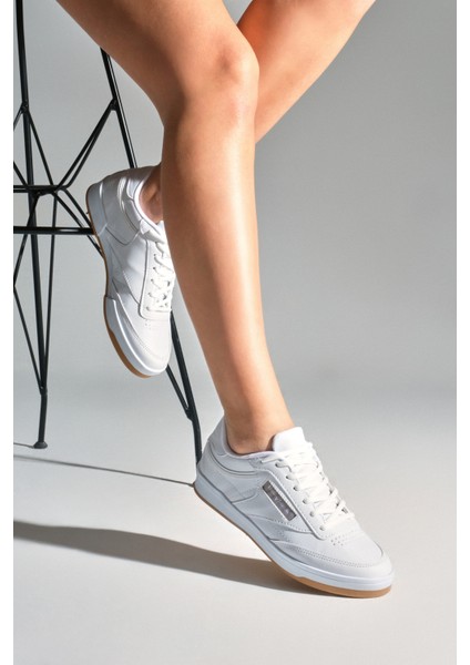 Unisex Beyaz Beyaz Rahat Kalıp Poli Taban Bağcıklı Spor Ayakkabı