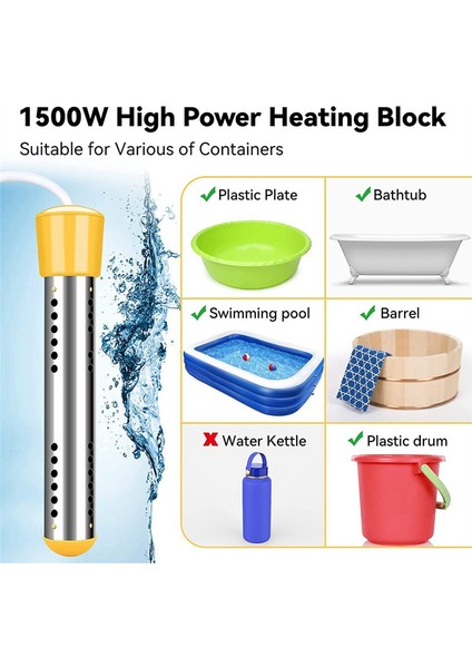 Dalgıç Su Isıtıcısı, Zamanlayıcılı 1500W Elektrikli Dalgıç Su Isıtıcısı, Paslanmaz Çelik Koruyucu Kapak, Ab Fişi (Yurt Dışından) fırsatları