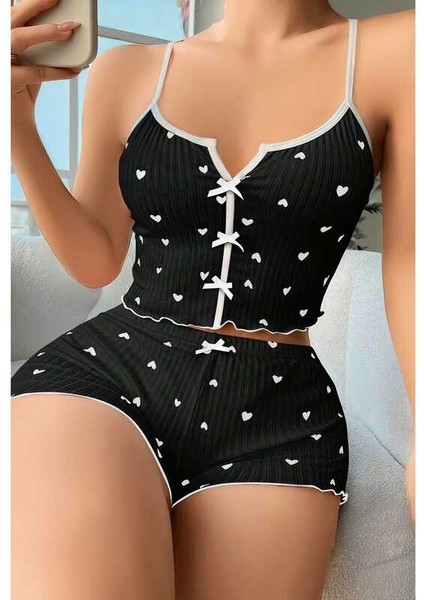 Kalp Desenli Şortlu Pijama Takım