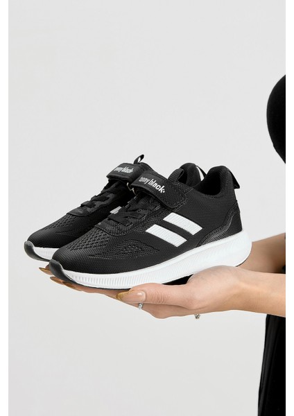 Çocuk Unisex Siyah Beyaz Eva Taban Yanı Şeritli File Detaylı Cırtlı Spor Ayakkabı