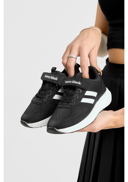 Çocuk Unisex Siyah Beyaz Eva Taban Yanı Şeritli File Detaylı Cırtlı Spor Ayakkabı modelleri