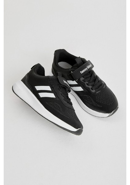 Çocuk Unisex Siyah Beyaz Eva Taban Yanı Şeritli File Detaylı Cırtlı Spor Ayakkabı indirimleri