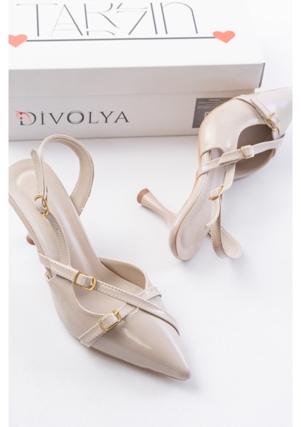 Pony Bej Rugan ( 8 cm Topuklu ) Sivri Burun Kapalı Tokalı Arkası Açık Stiletto Ayakkabı