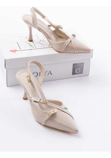 Pony Bej Rugan ( 8 cm Topuklu ) Sivri Burun Kapalı Tokalı Arkası Açık Stiletto Ayakkabı modelleri