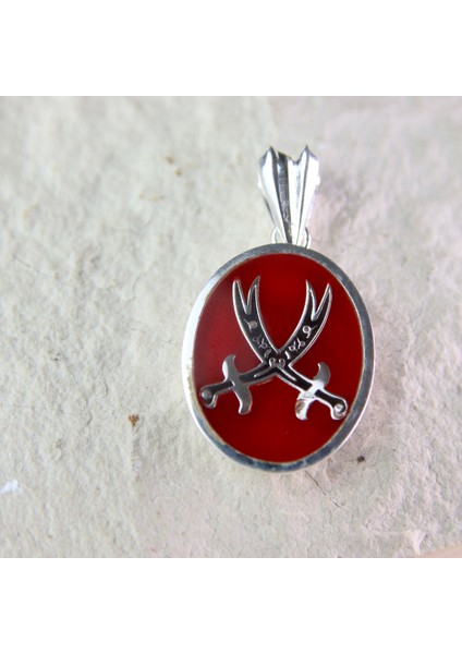 Kırmızı Mineli Zülfikar Kılıçlı 925 Ayar Gümüş Madalyon Kolye Ucu