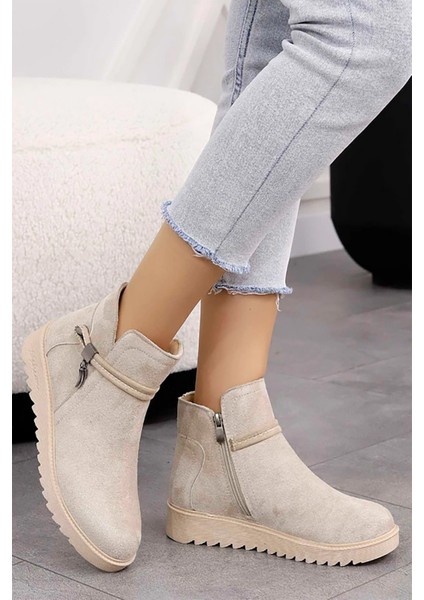 Dvm Süet Bej Fermuarlı Günlük Kadın Kışlık Bot NSB518