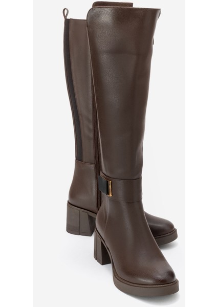 Moreni Kahve Cilt Streç Detaylı Tokalı Kadın Kalın Topuklu Çizme