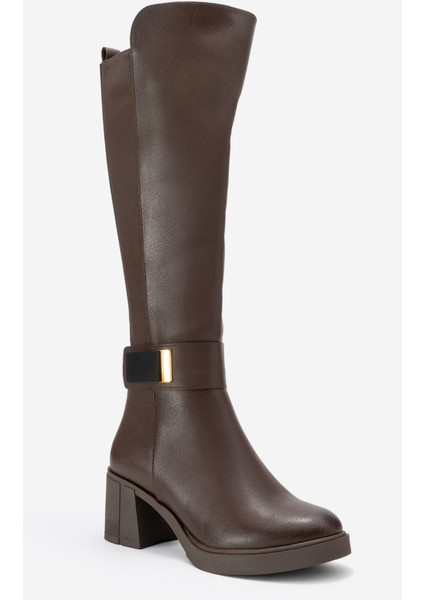 Moreni Kahve Cilt Streç Detaylı Tokalı Kadın Kalın Topuklu Çizme modelleri