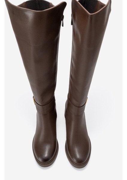 Moreni Kahve Cilt Streç Detaylı Tokalı Kadın Kalın Topuklu Çizme fırsatları