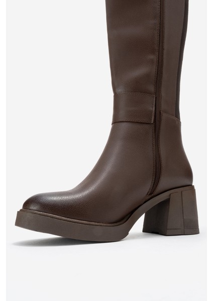 Moreni Kahve Cilt Streç Detaylı Tokalı Kadın Kalın Topuklu Çizme indirimleri